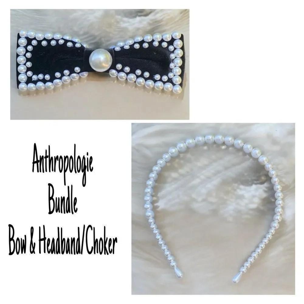 NWOT New Anthropologie Pearl Headband/Choker Necklace & Black Velvet Hair Bow